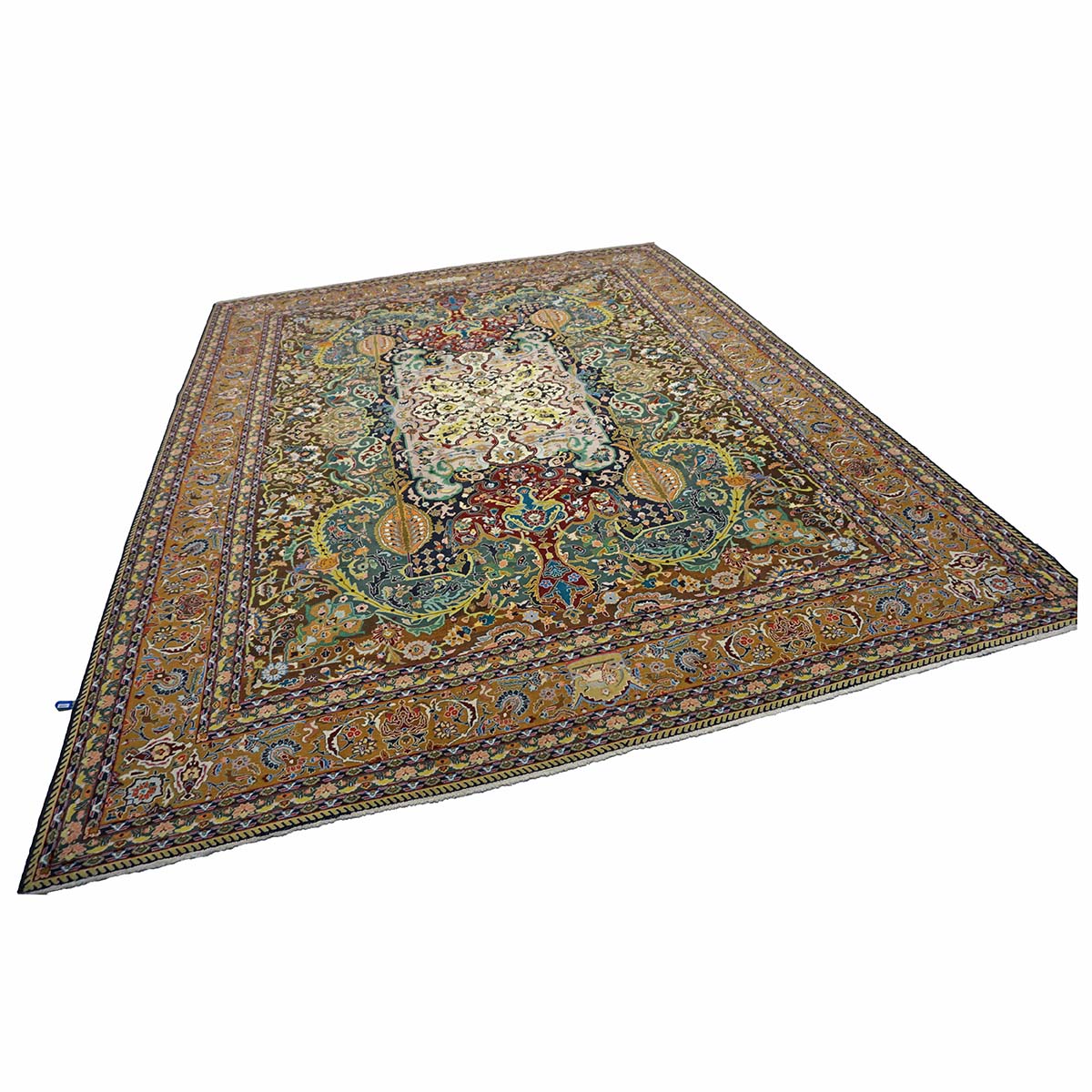 Antique Persian Tabriz Wool 9x11 Green, Ivory & Camel Handmade Area Rug #1143825