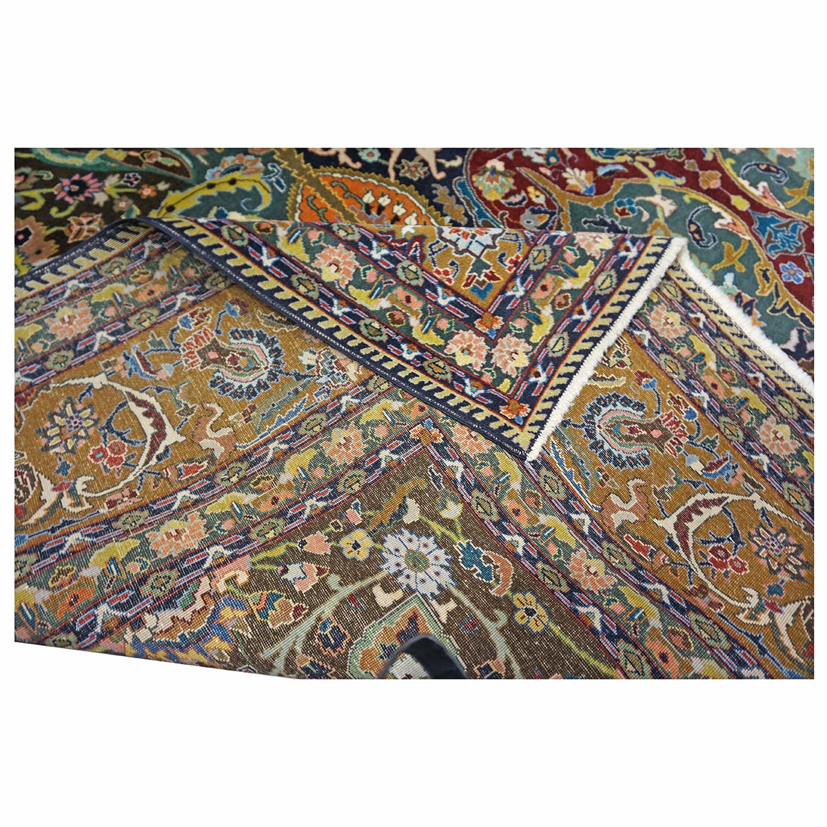 Antique Persian Tabriz Wool 9x11 Green, Ivory & Camel Handmade Area Rug #1143825