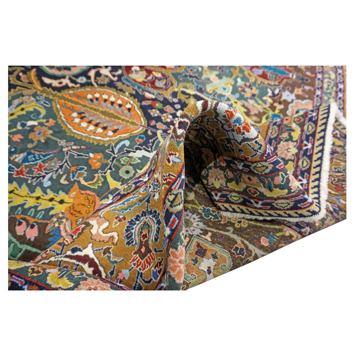 Antique Persian Tabriz Wool 9x11 Green, Ivory & Camel Handmade Area Rug #1143825