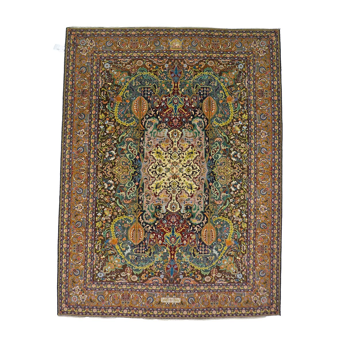 Antique Persian Tabriz Wool 9x11 Green, Ivory & Camel Handmade Area Rug #1143825