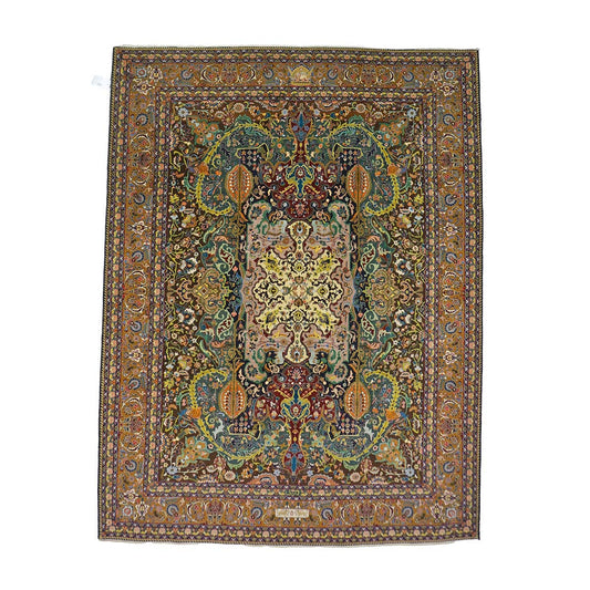 Antique Persian Tabriz Wool 9x11 Green, Ivory & Camel Handmade Area Rug #1143825