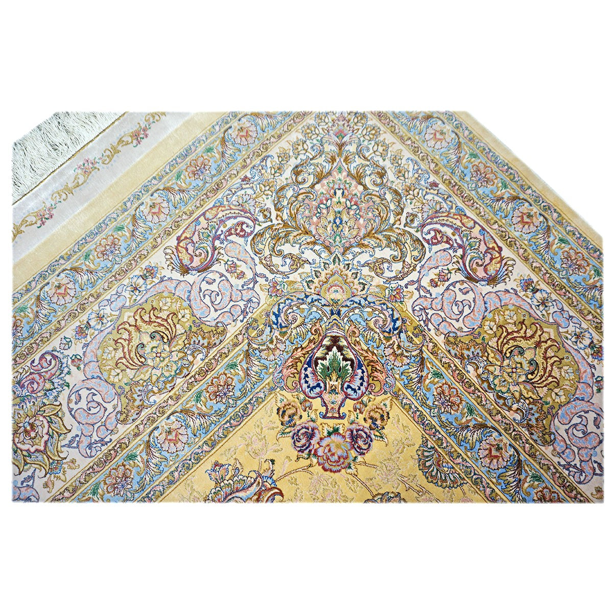 Persian Silky Qum 8x11 Wheat, Blue & Ivory Machine Made Area Rug #1143827