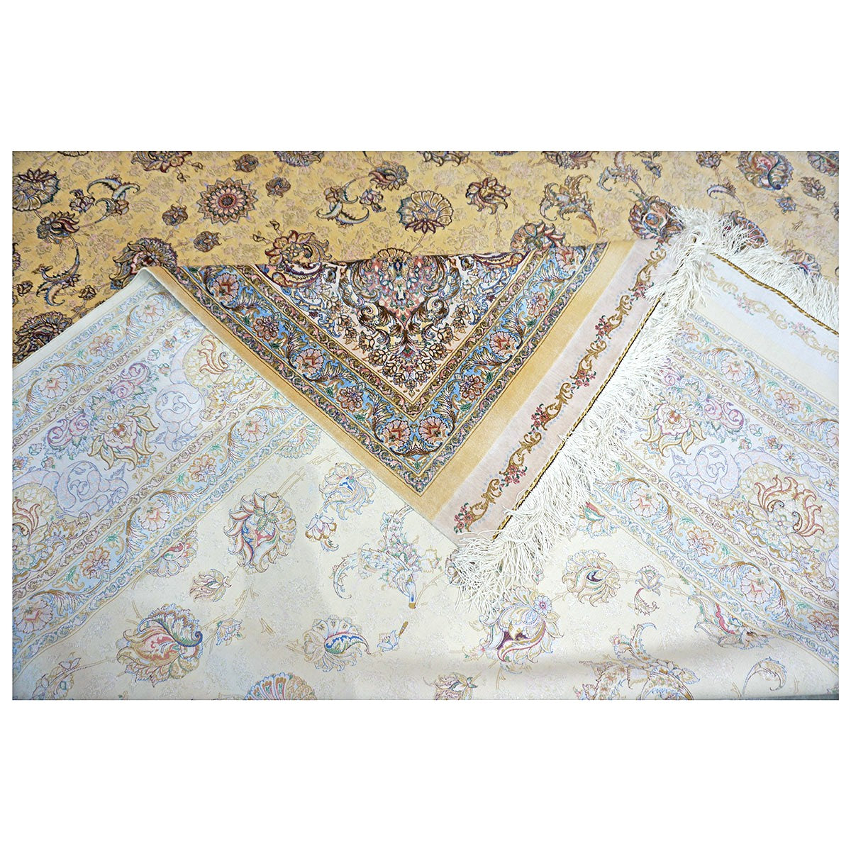 Persian Silky Qum 8x11 Wheat, Blue & Ivory Machine Made Area Rug #1143827