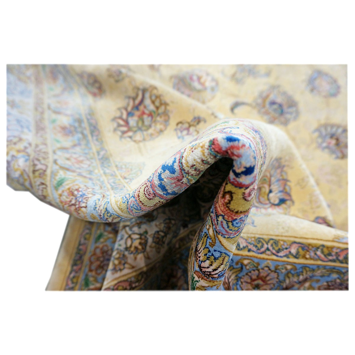 Persian Silky Qum 8x11 Wheat, Blue & Ivory Machine Made Area Rug #1143827