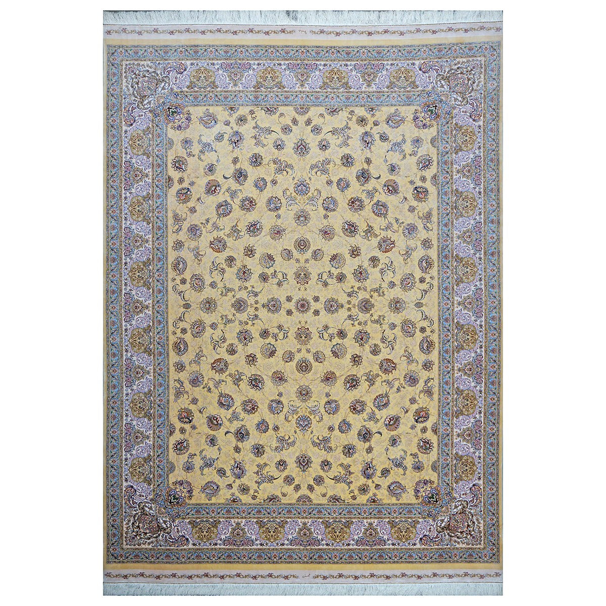 Persian Silky Qum 8x11 Wheat, Blue & Ivory Machine Made Area Rug #1143827