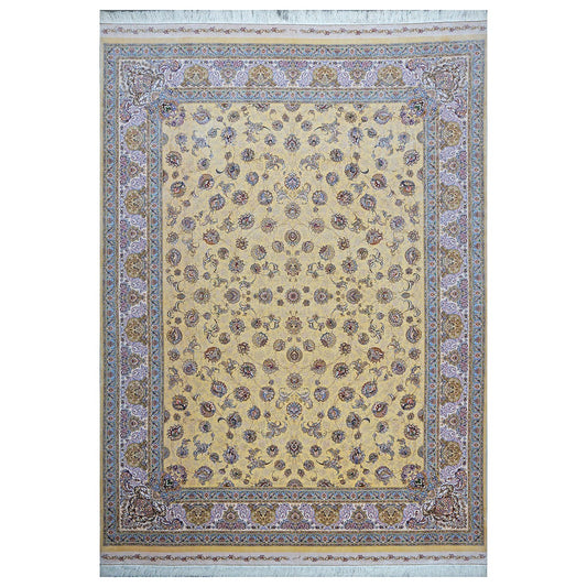 Persian Silky Qum 8x11 Wheat, Blue & Ivory Machine Made Area Rug #1143827