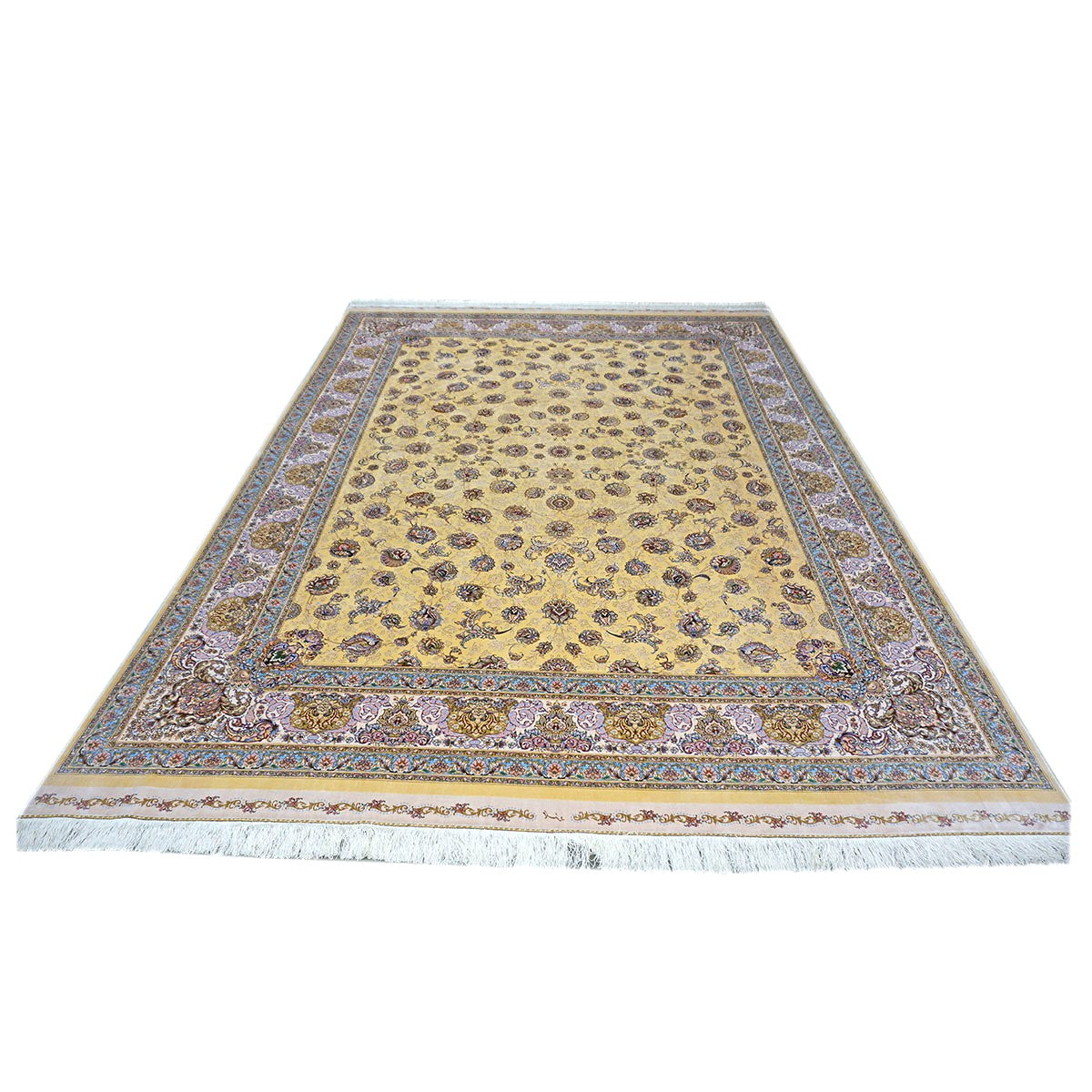 Persian Silky Qum 8x11 Wheat, Blue & Ivory Machine Made Area Rug #1143827