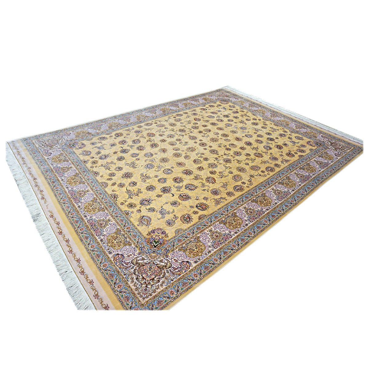 Persian Silky Qum 8x11 Wheat, Blue & Ivory Machine Made Area Rug #1143827