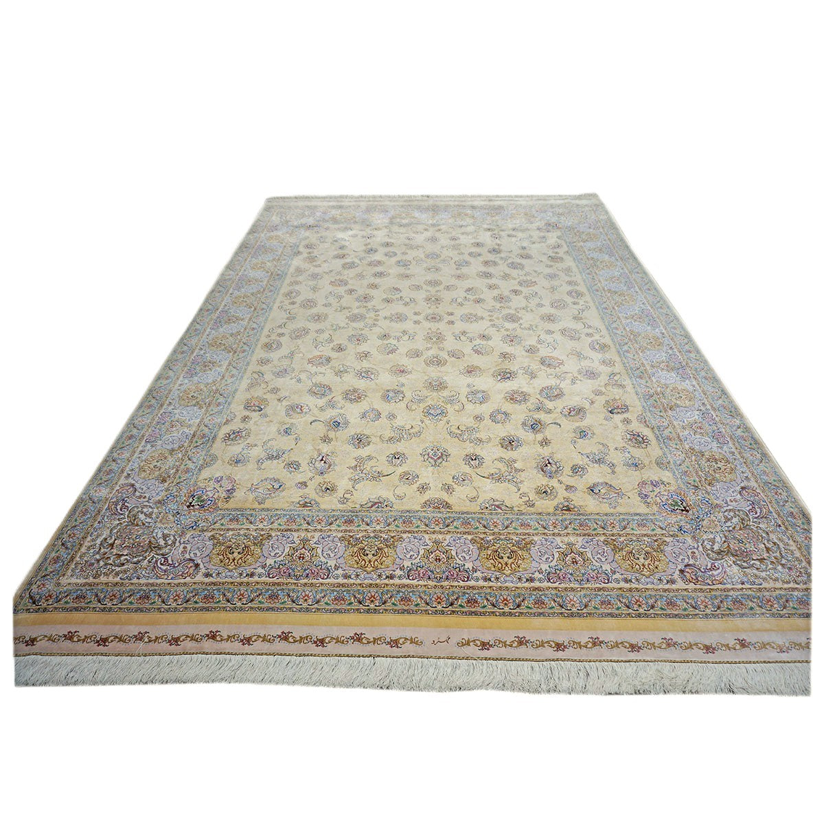 Persian Silky Qum 8x11 Wheat, Blue & Ivory Machine Made Area Rug #1143827