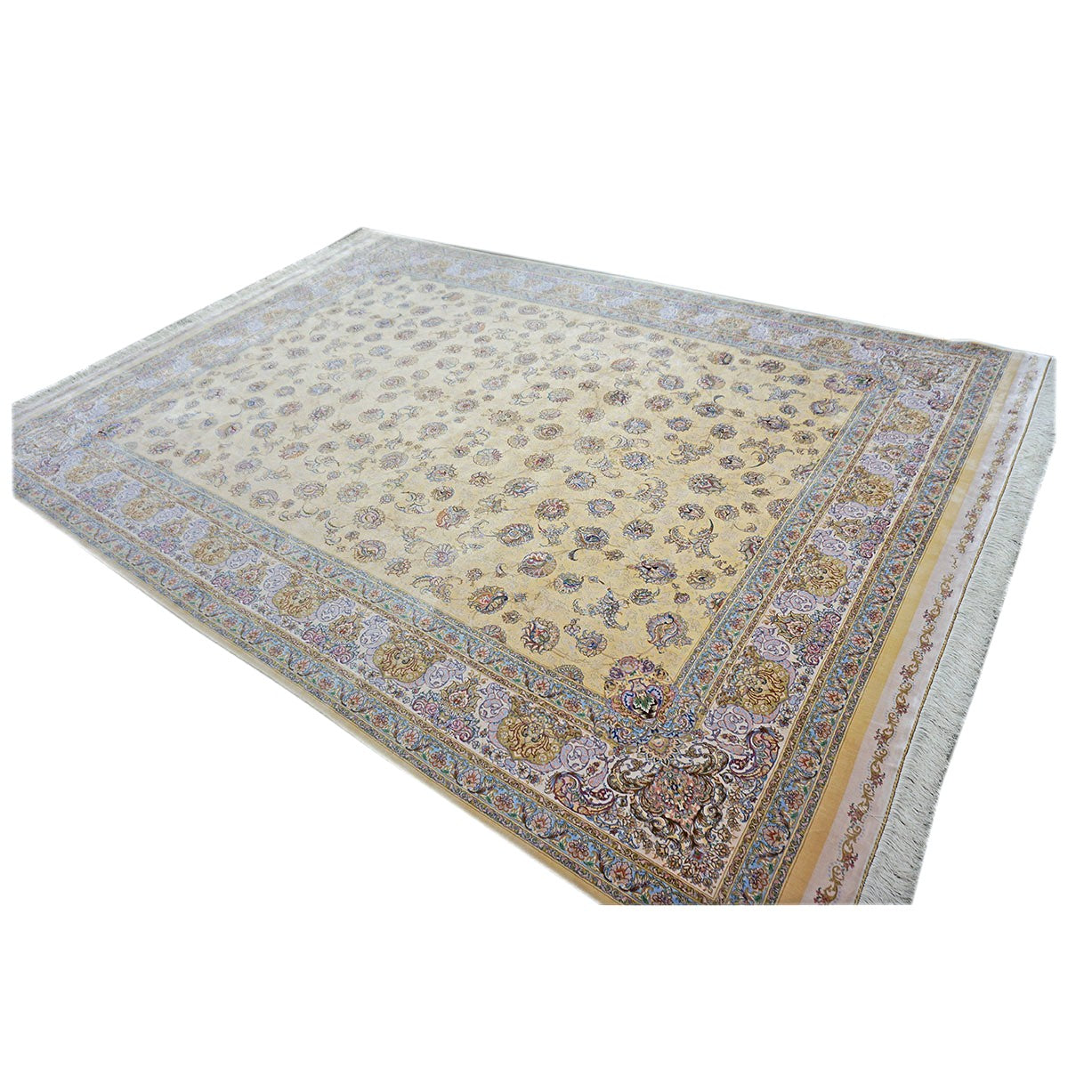 Persian Silky Qum 8x11 Wheat, Blue & Ivory Machine Made Area Rug #1143827