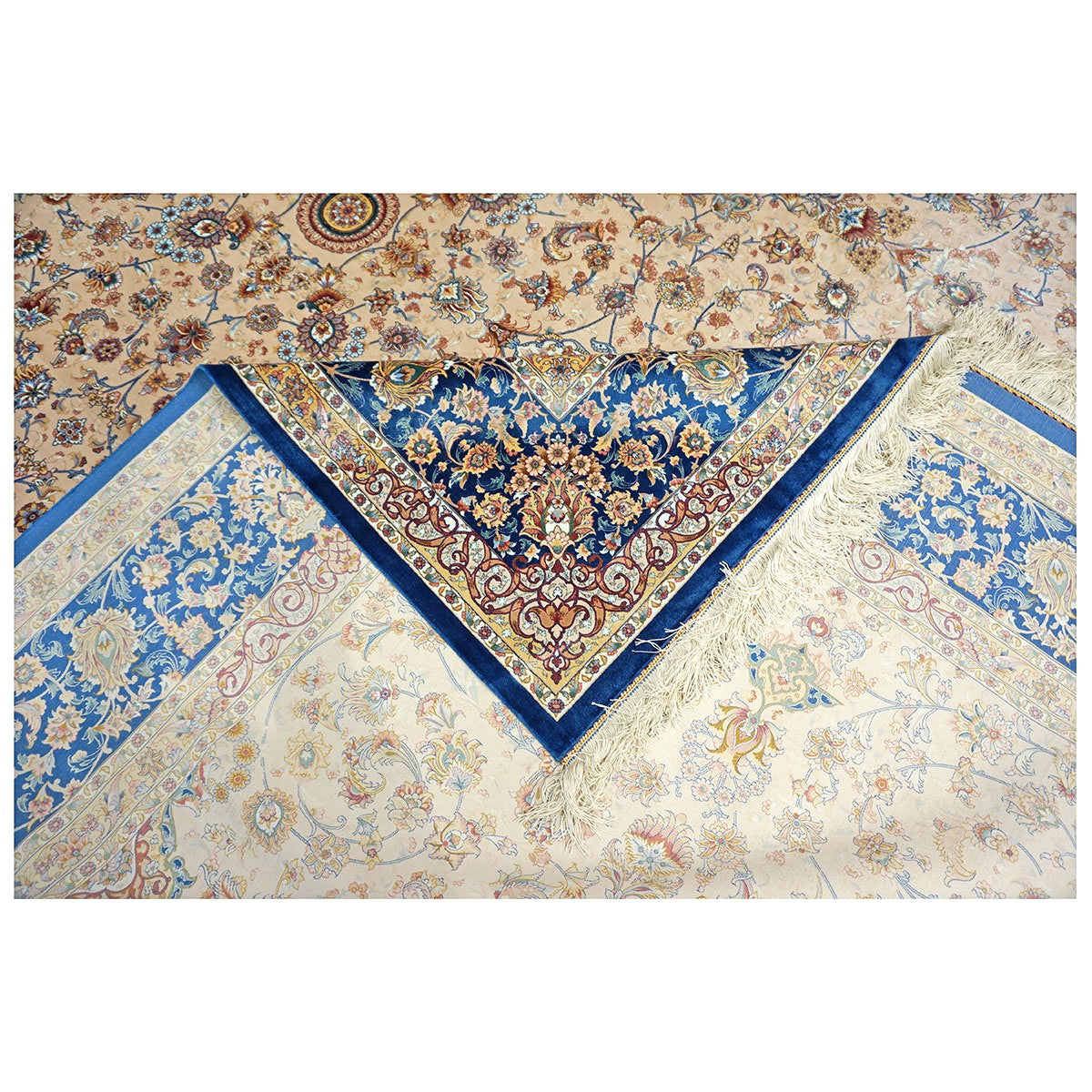 Persian Silky Qum 8x11 Ivory, Cream & Blue Machine Made Area Rug #1143830