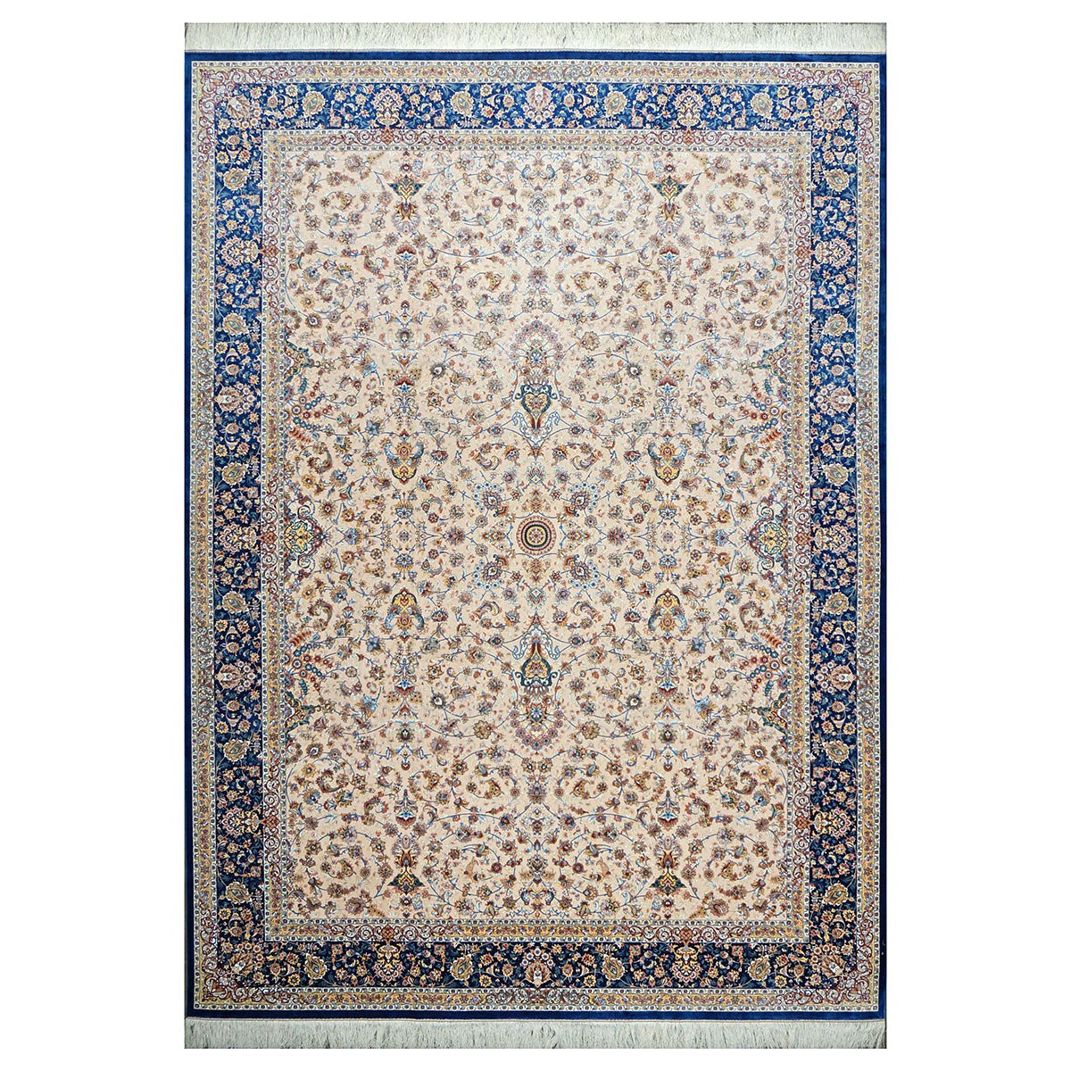 Persian Silky Qum 8x11 Ivory, Cream & Blue Machine Made Area Rug #1143830