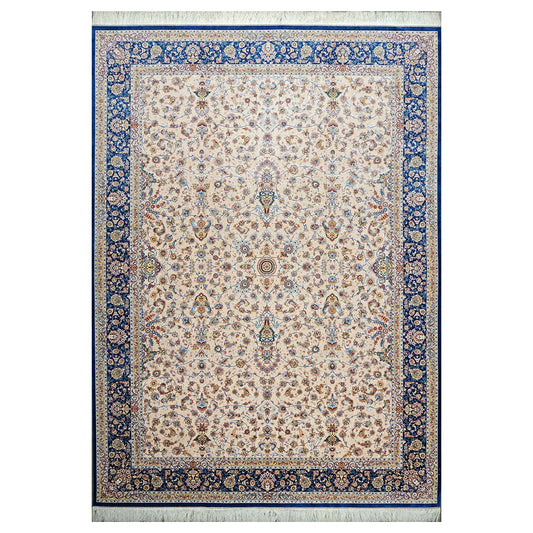 Persian Silky Qum 8x11 Ivory, Cream & Blue Machine Made Area Rug #1143830