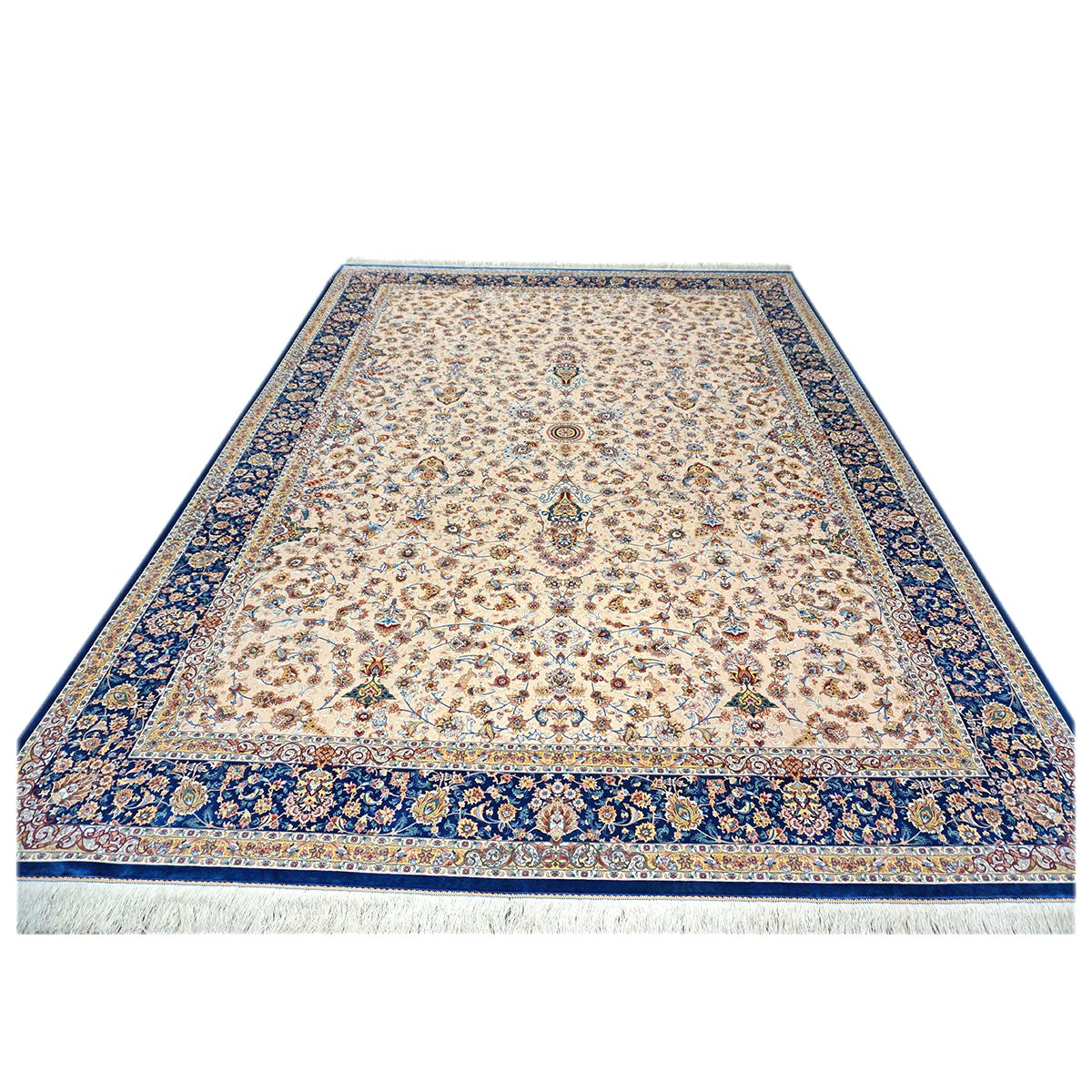 Persian Silky Qum 8x11 Ivory, Cream & Blue Machine Made Area Rug #1143830