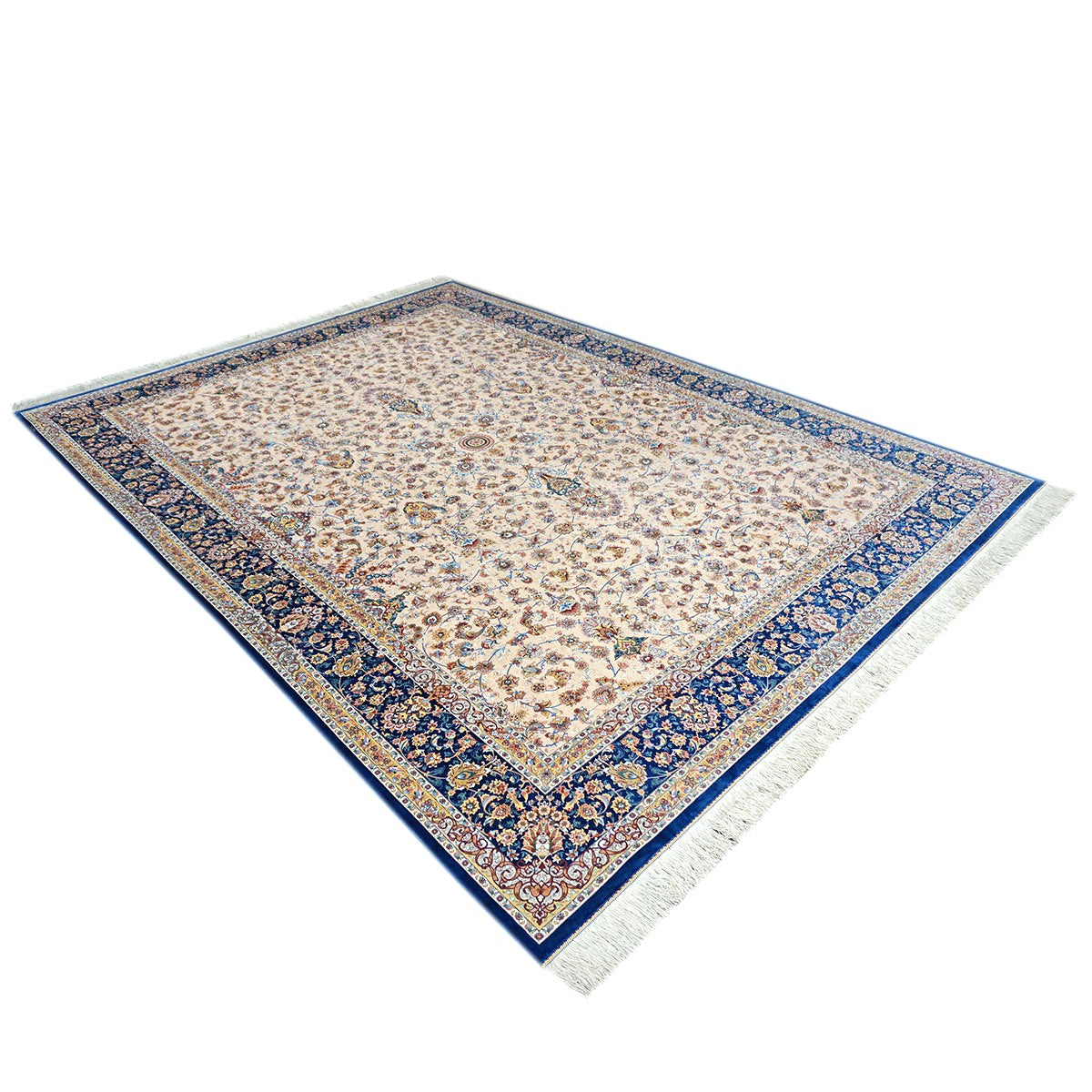 Persian Silky Qum 8x11 Ivory, Cream & Blue Machine Made Area Rug #1143830