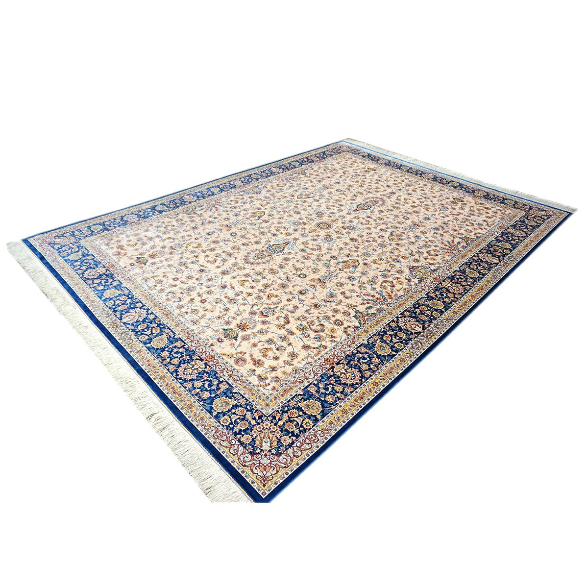 Persian Silky Qum 8x11 Ivory, Cream & Blue Machine Made Area Rug #1143830