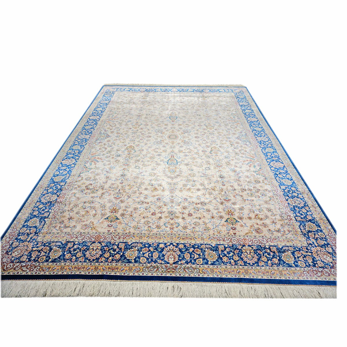 Persian Silky Qum 8x11 Ivory, Cream & Blue Machine Made Area Rug #1143830