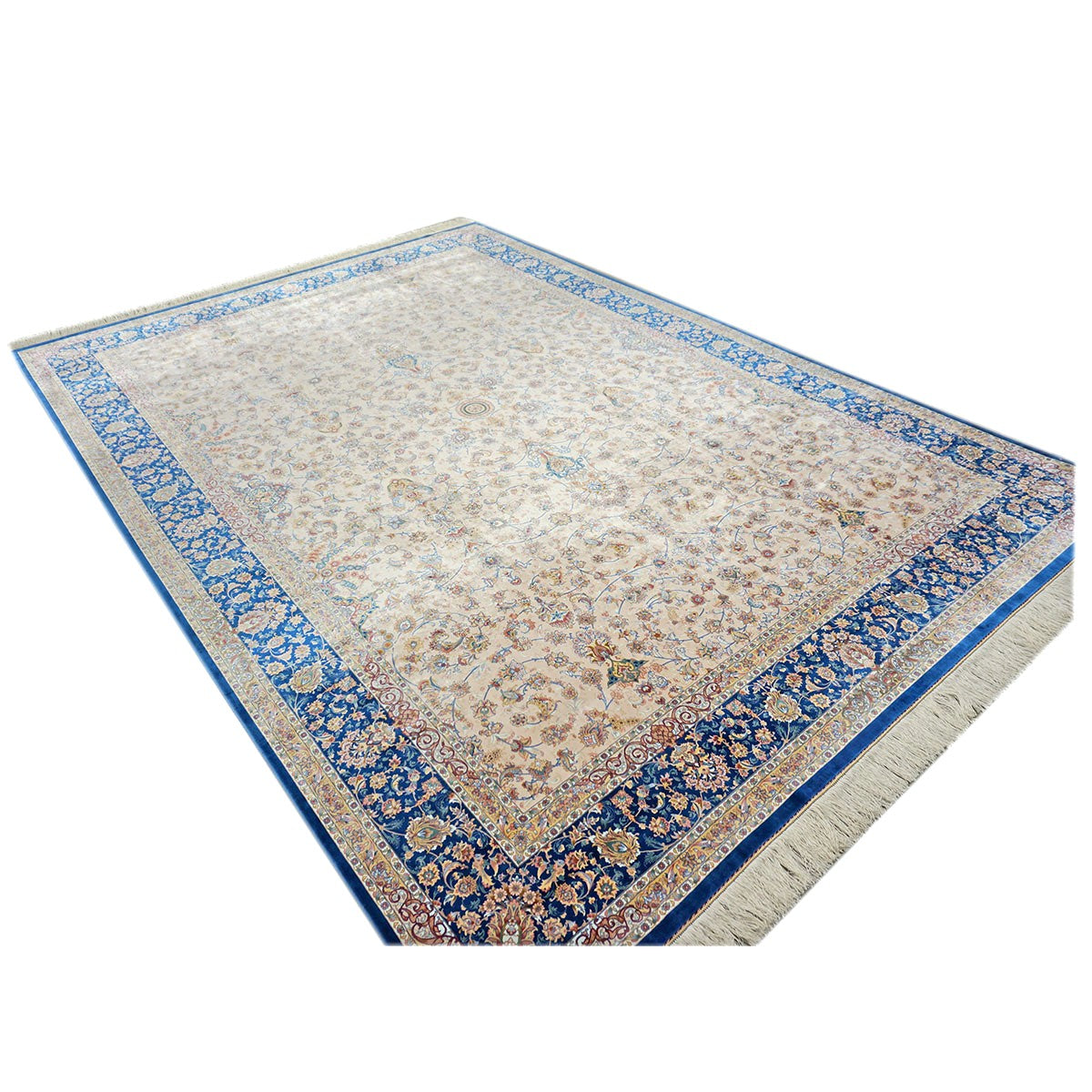 Persian Silky Qum 8x11 Ivory, Cream & Blue Machine Made Area Rug #1143830