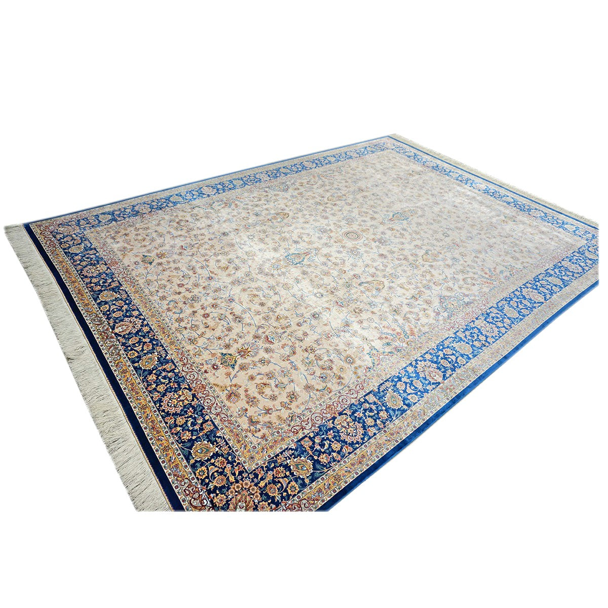 Persian Silky Qum 8x11 Ivory, Cream & Blue Machine Made Area Rug #1143830