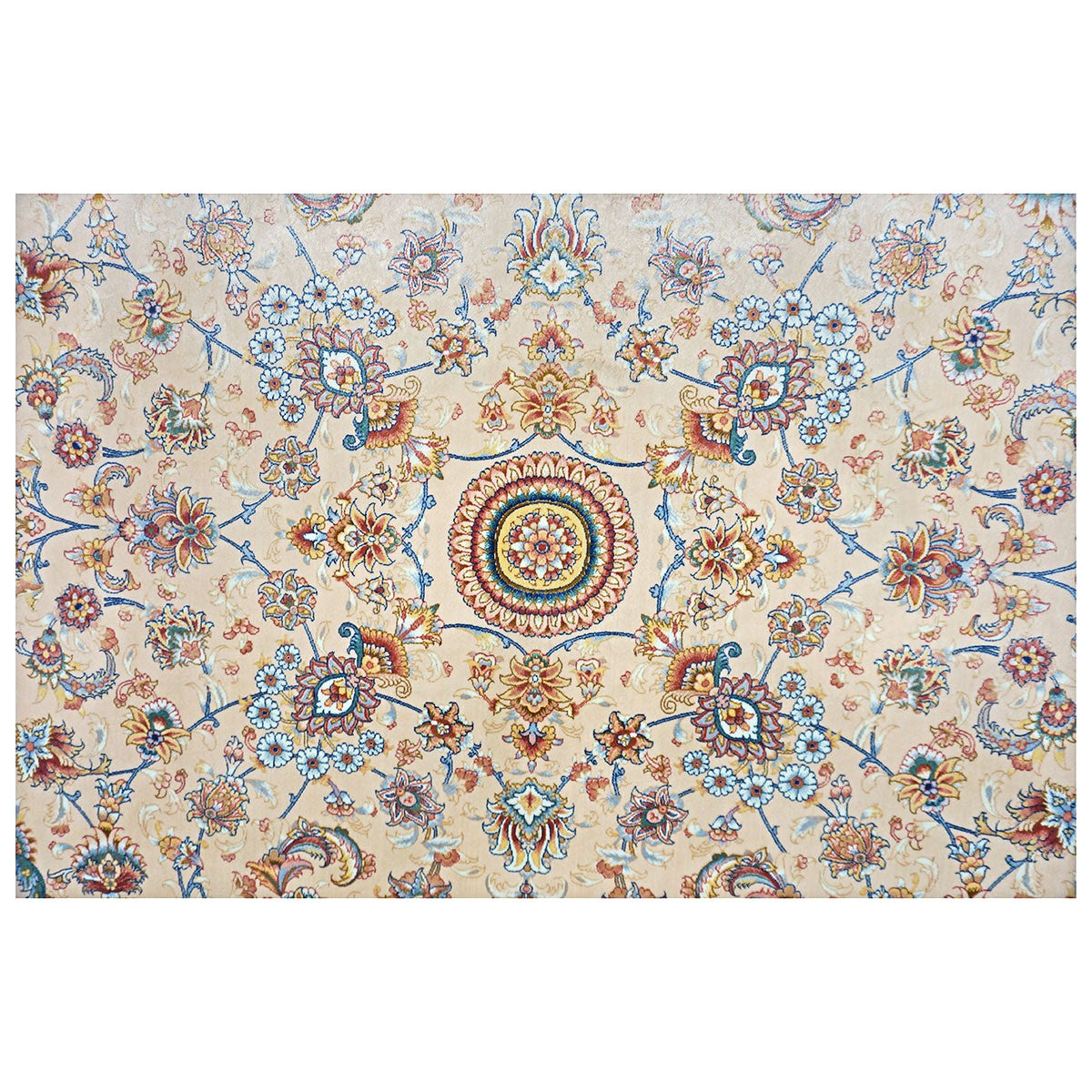 Persian Silky Qum 8x11 Ivory, Cream & Blue Machine Made Area Rug #1143830