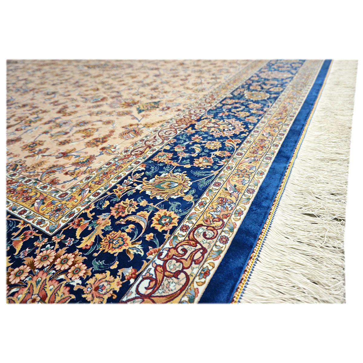 Persian Silky Qum 8x11 Ivory, Cream & Blue Machine Made Area Rug #1143830