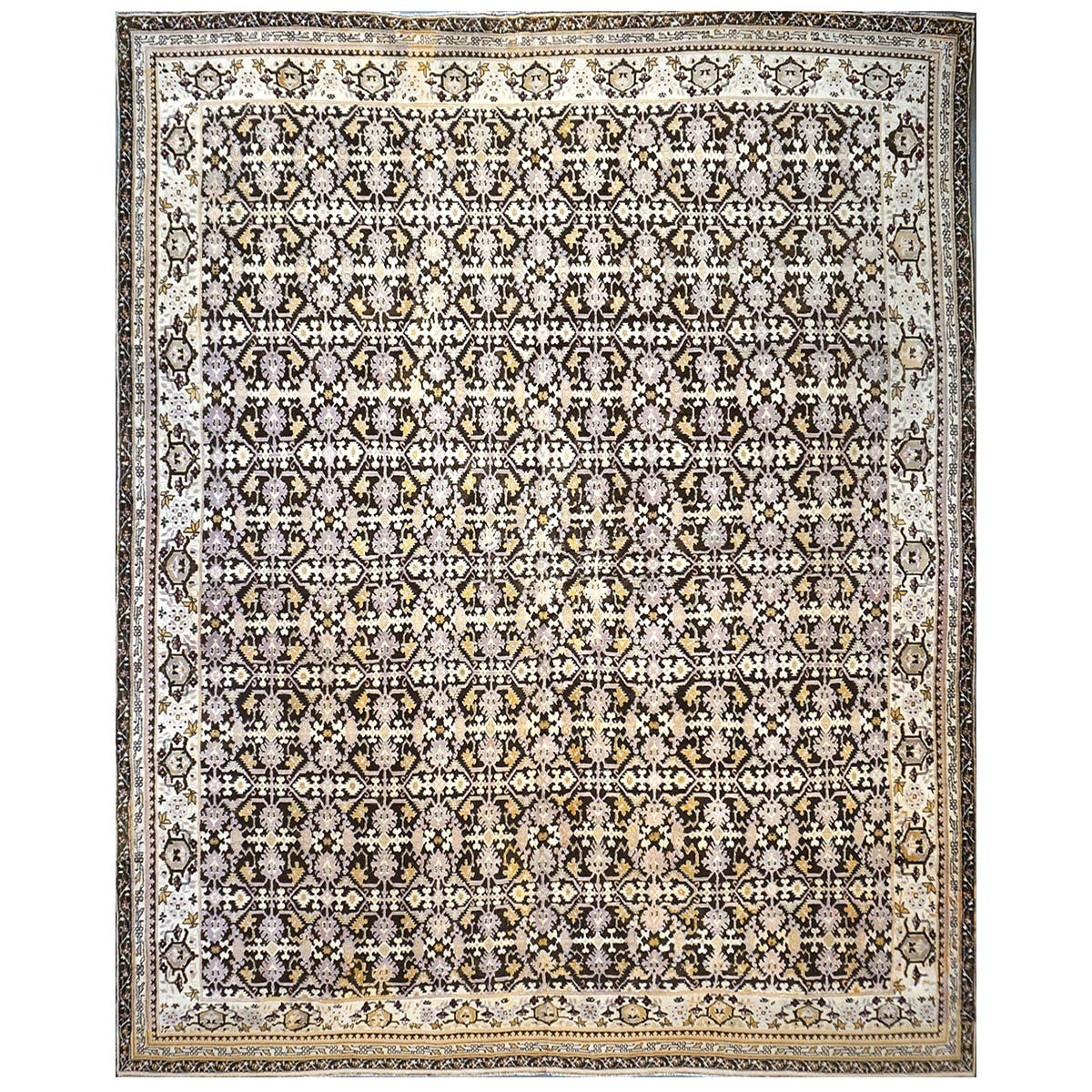 Antique Indian Agra Wool 12x14 Brown & Ivory Handmade Area Rug #1143833