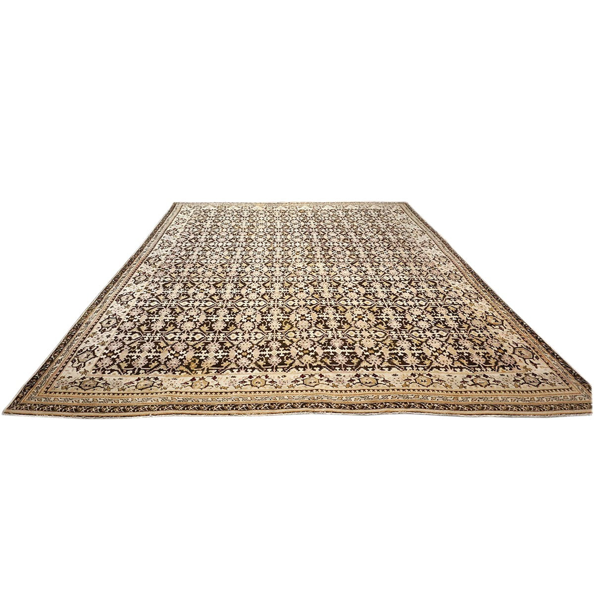 Antique Indian Agra Wool 12x14 Brown & Ivory Handmade Area Rug #1143833