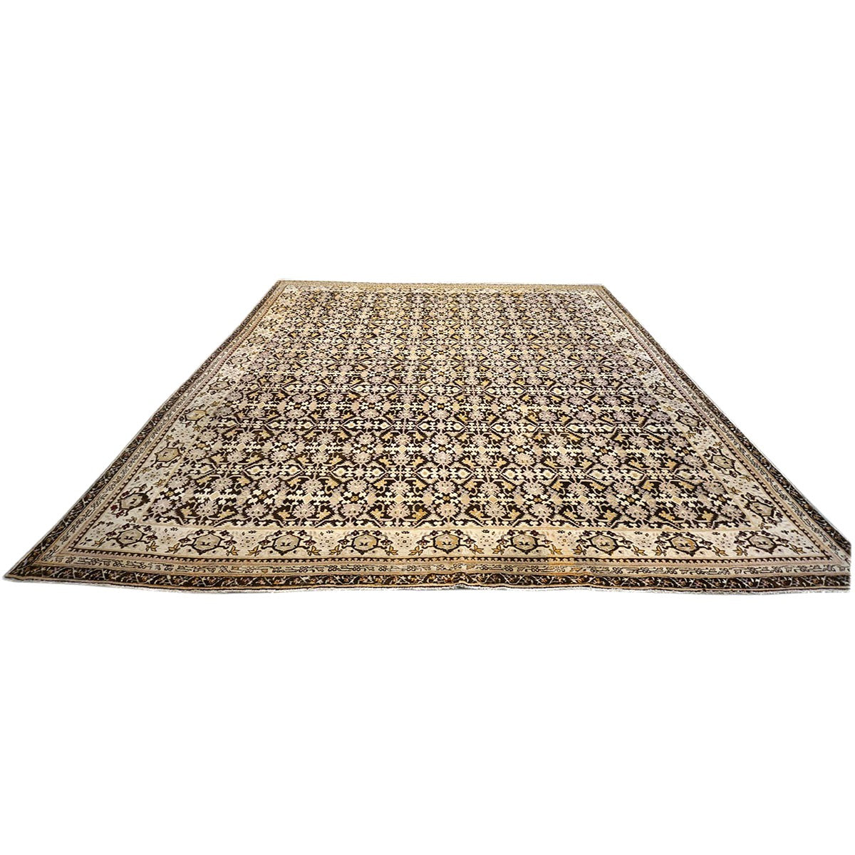 Antique Indian Agra Wool 12x14 Brown & Ivory Handmade Area Rug #1143833