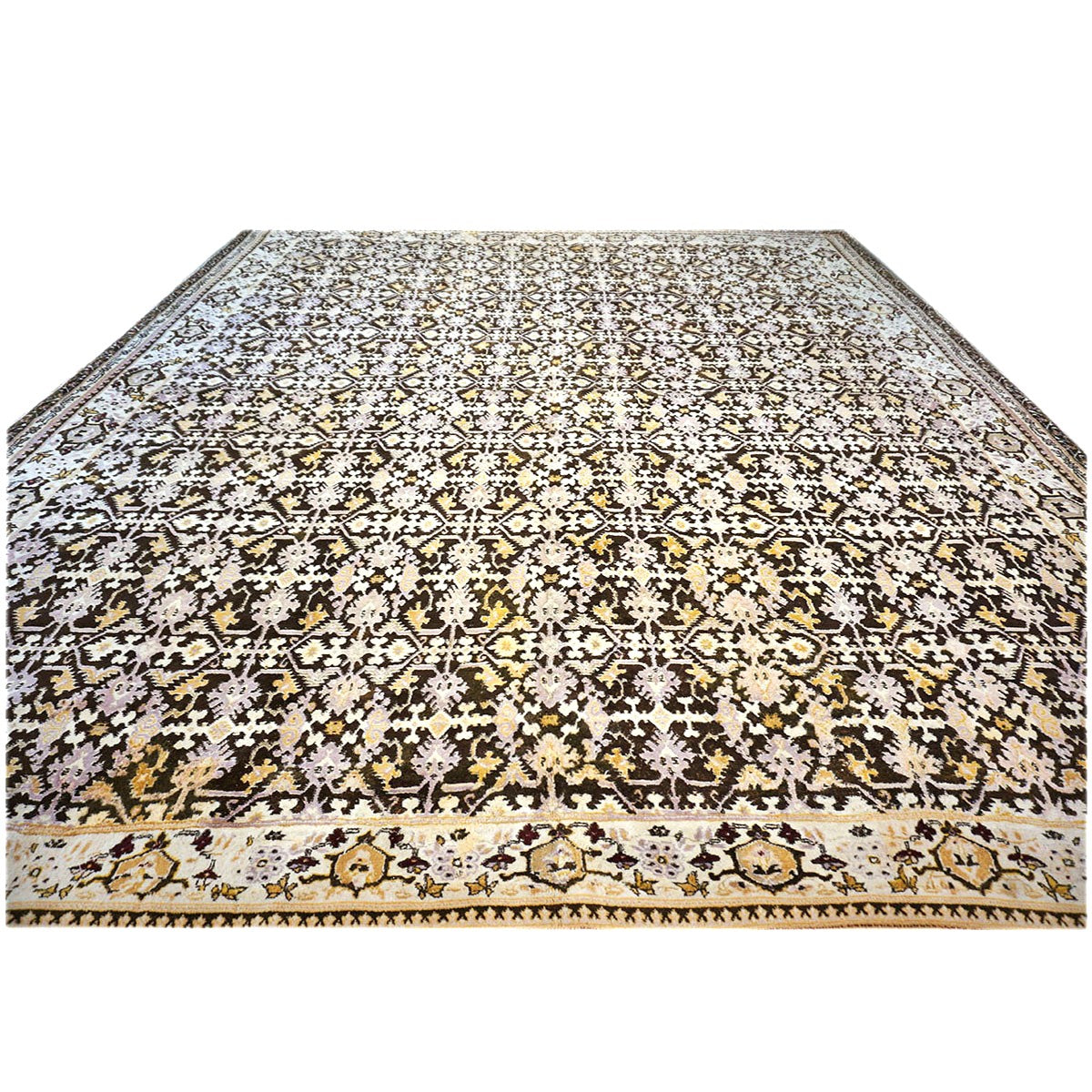 Antique Indian Agra Wool 12x14 Brown & Ivory Handmade Area Rug #1143833