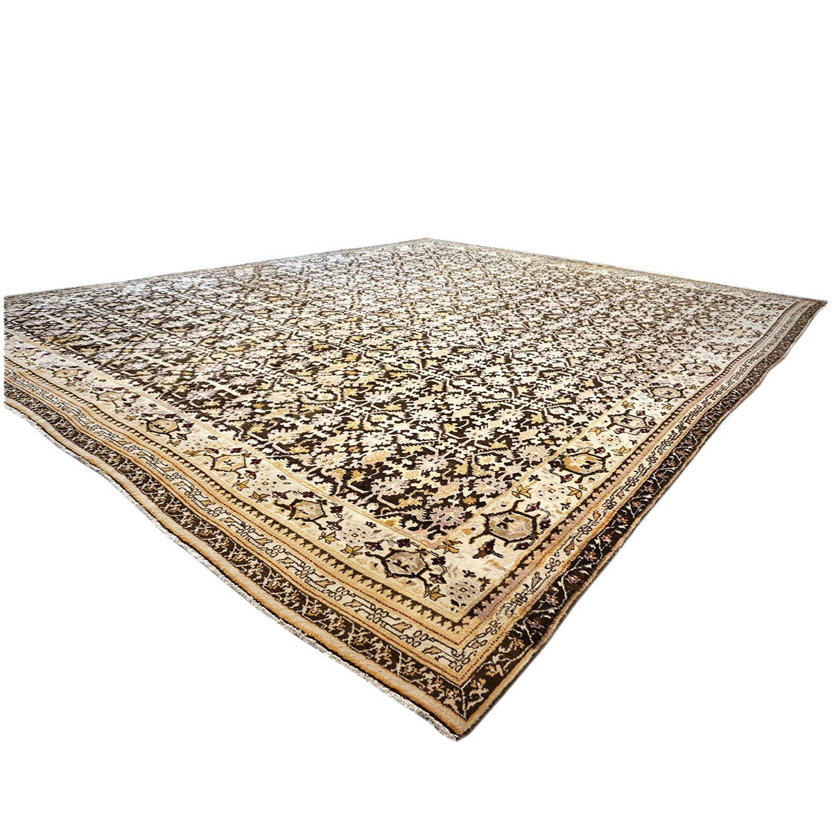 Antique Indian Agra Wool 12x14 Brown & Ivory Handmade Area Rug #1143833