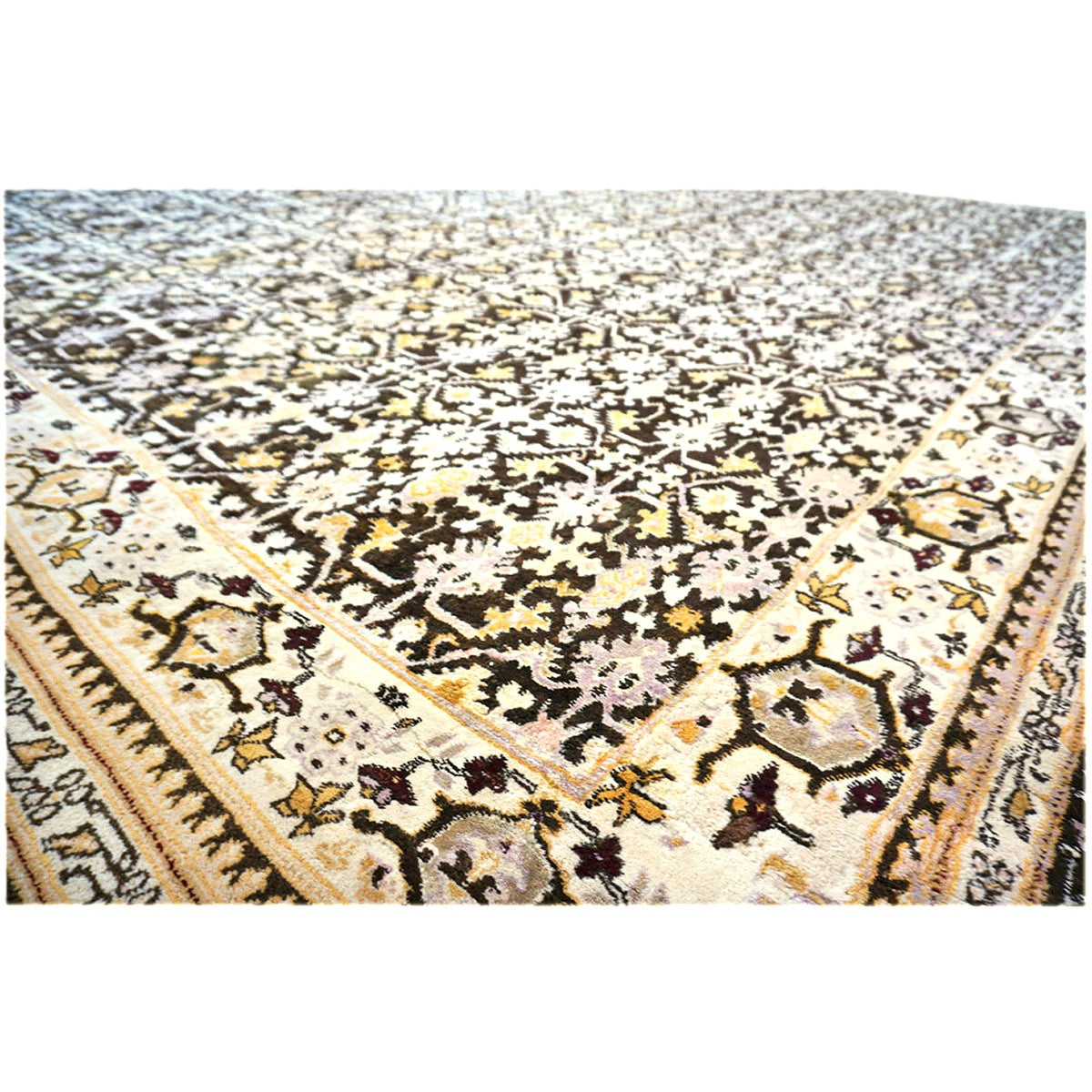 Antique Indian Agra Wool 12x14 Brown & Ivory Handmade Area Rug #1143833