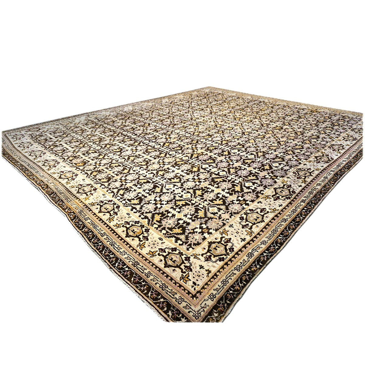Antique Indian Agra Wool 12x14 Brown & Ivory Handmade Area Rug #1143833