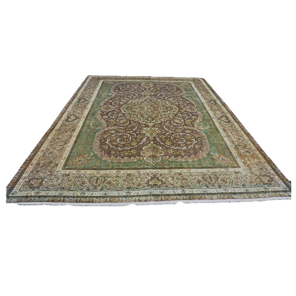 Antique Persian Tabriz Wool 10X12 Green, Brown, & Taupe Handmade Area Rug #1143872