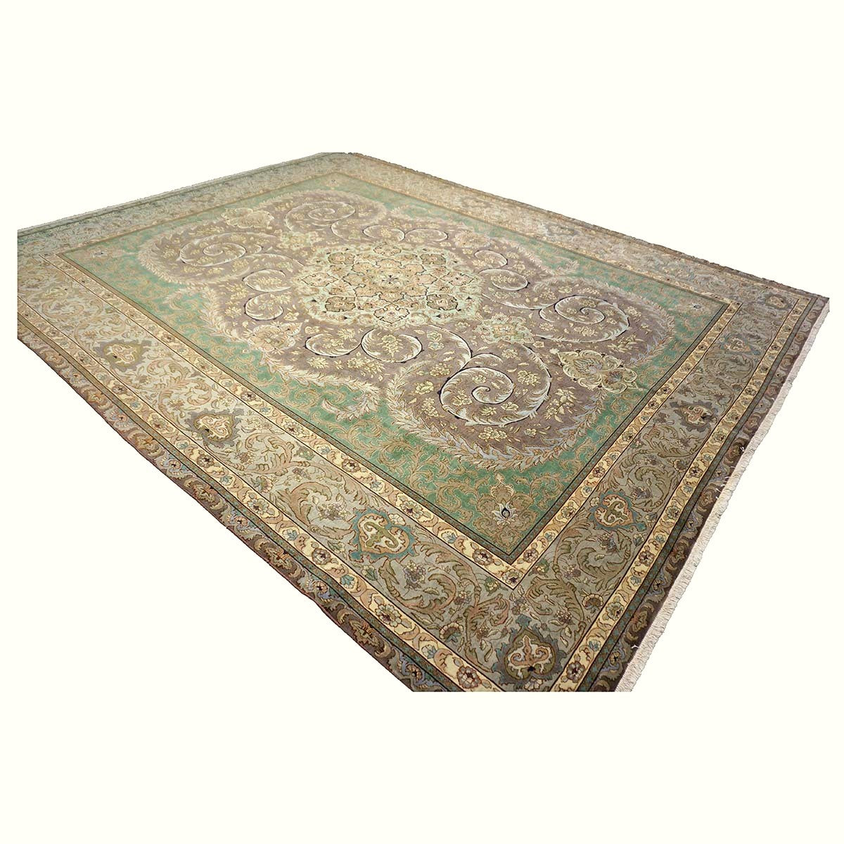 Antique Persian Tabriz Wool 10X12 Green, Brown, & Taupe Handmade Area Rug #1143872