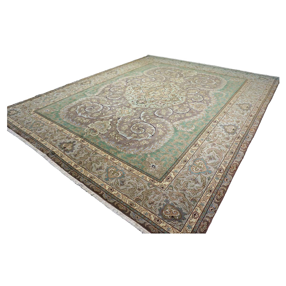 Antique Persian Tabriz Wool 10X12 Green, Brown, & Taupe Handmade Area Rug #1143872