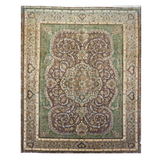 Antique Persian Tabriz Wool 10X12 Green, Brown, & Taupe Handmade Area Rug #1143872