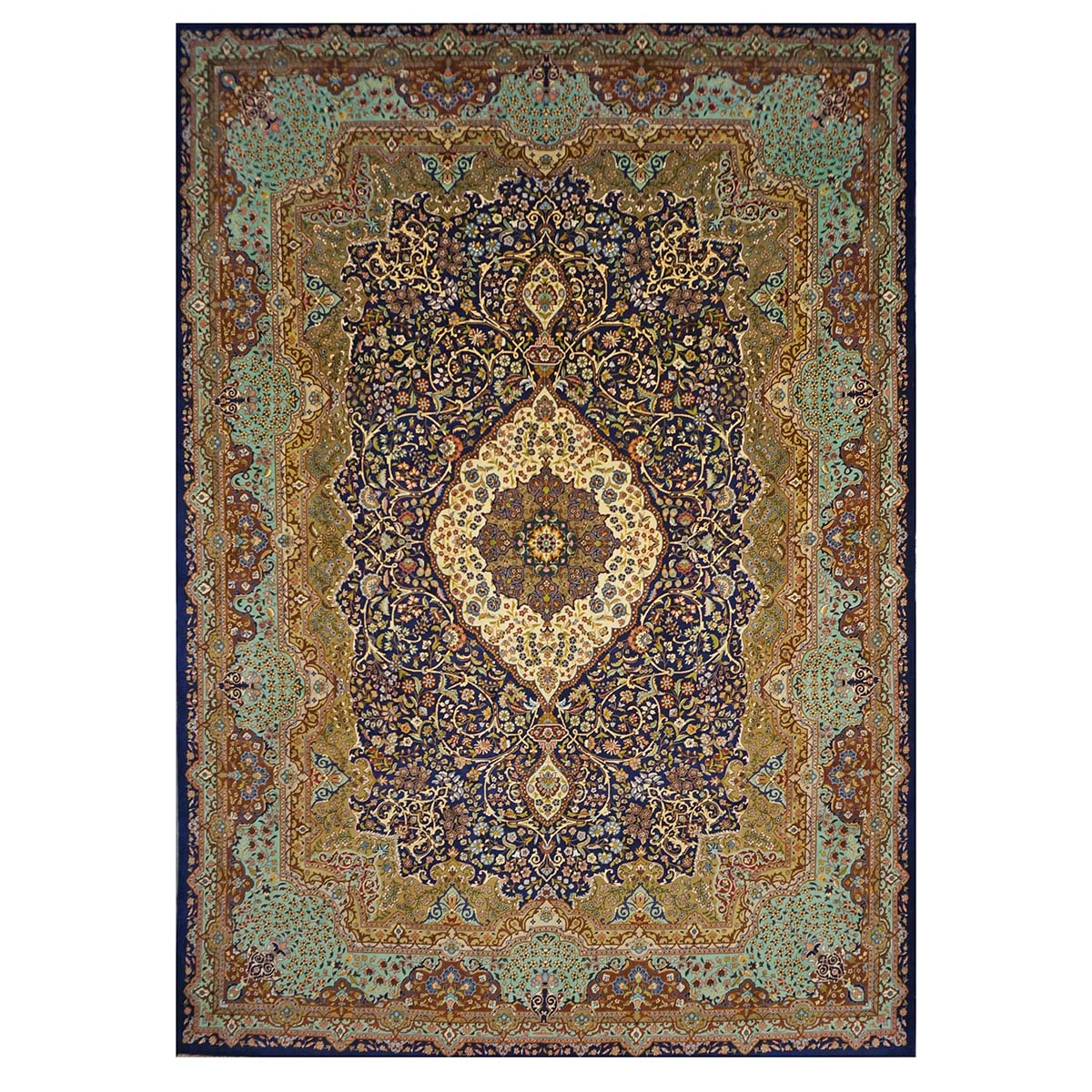 Persian Tabriz Wool 10x14 Navy, Olive & Light Blue Handmade Area Rug #1143874