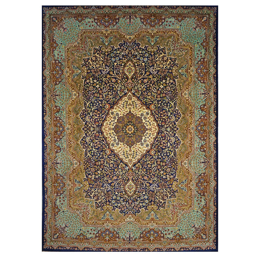 Persian Tabriz Wool 10x14 Navy, Olive & Light Blue Handmade Area Rug #1143874