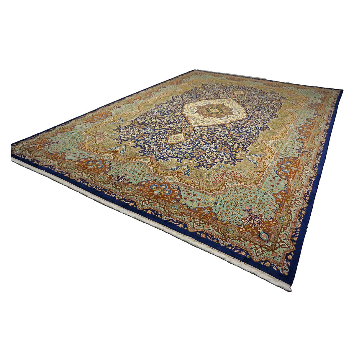 Persian Tabriz Wool 10x14 Navy, Olive & Light Blue Handmade Area Rug #1143874