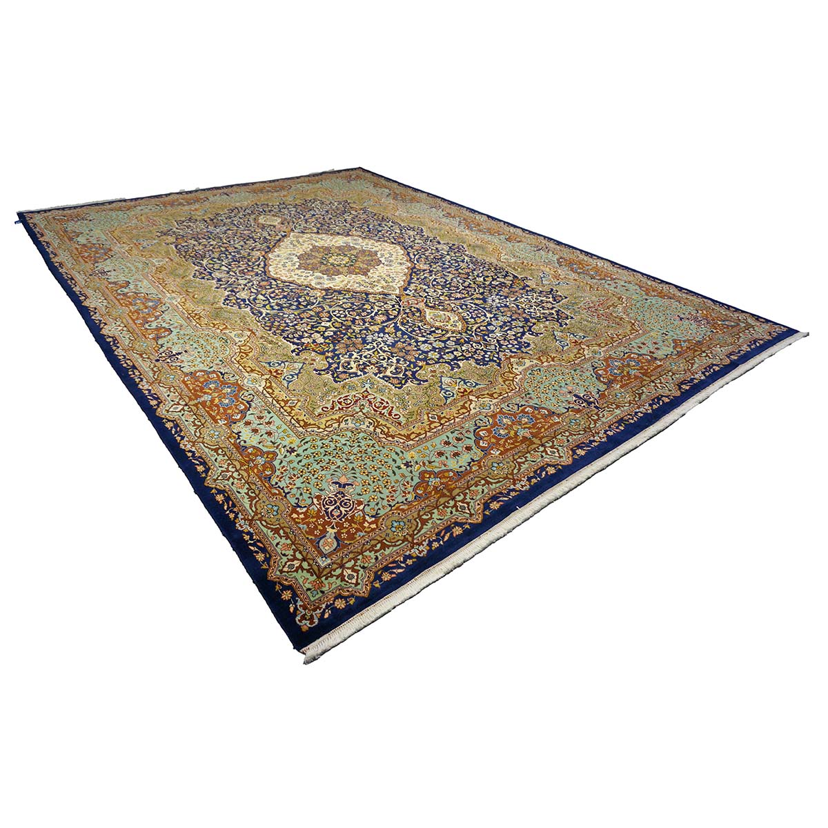 Persian Tabriz Wool 10x14 Navy, Olive & Light Blue Handmade Area Rug #1143874