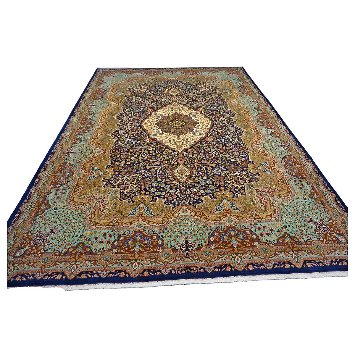 Persian Tabriz Wool 10x14 Navy, Olive & Light Blue Handmade Area Rug #1143874