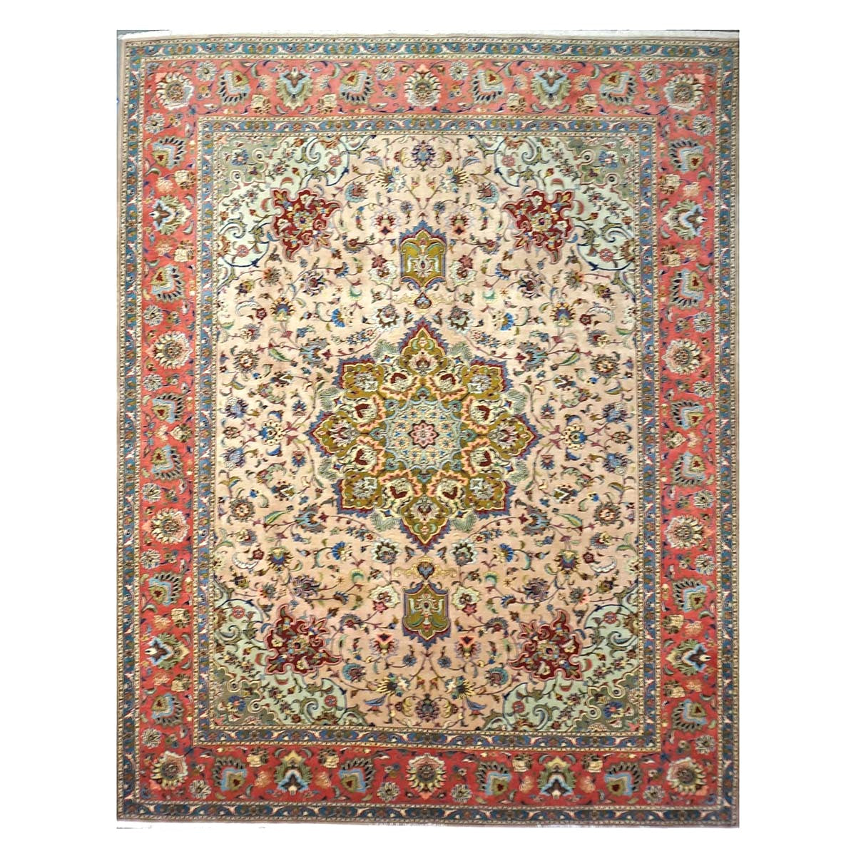 Antique Persian Tabriz Wool 10x12 Red, Green, & Ivory Handmade Area Rug #1143880