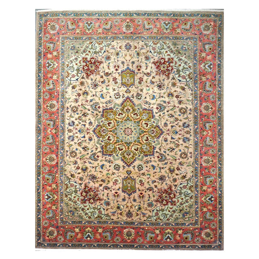 Antique Persian Tabriz Wool 10x12 Red, Green, & Ivory Handmade Area Rug #1143880
