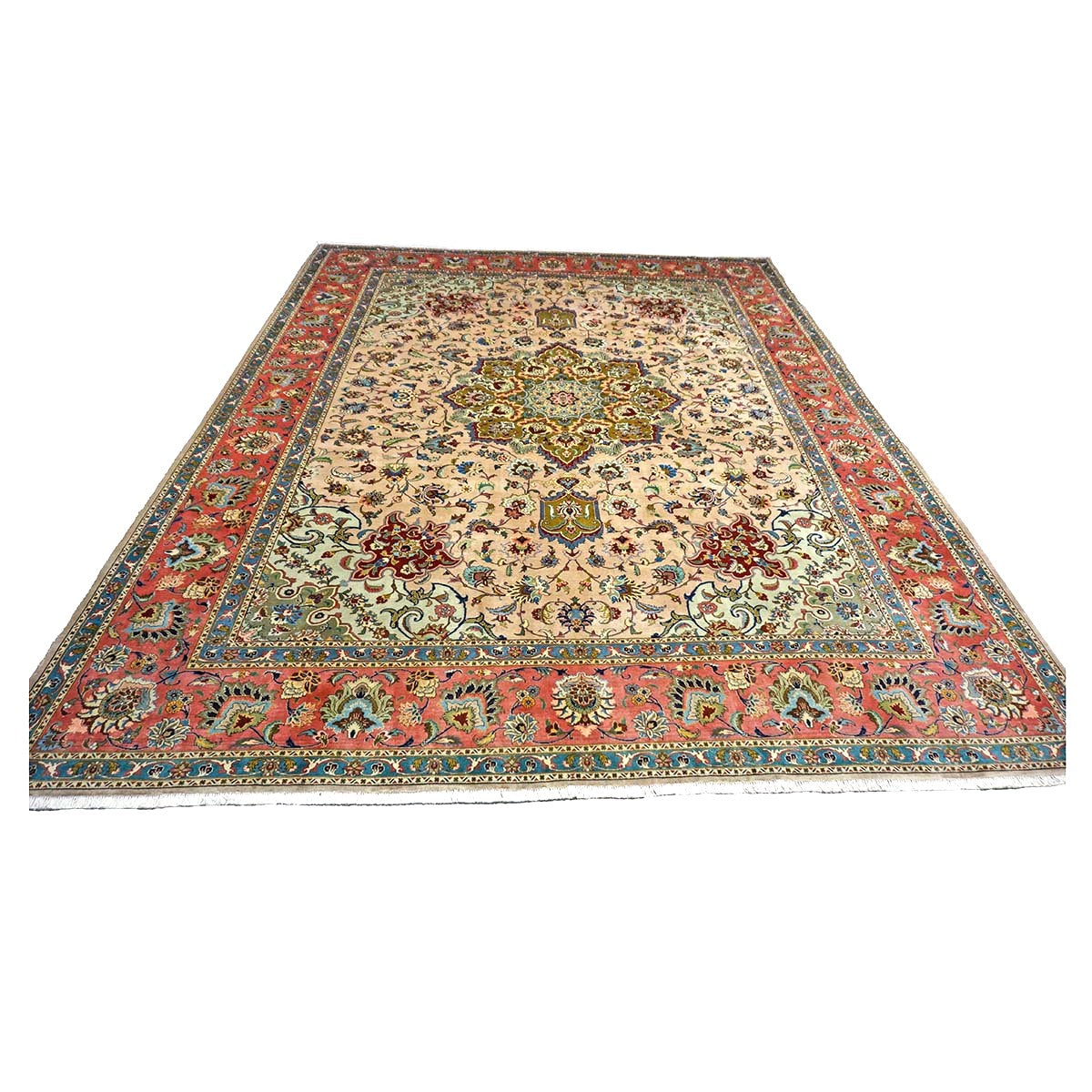 Antique Persian Tabriz Wool 10x12 Red, Green, & Ivory Handmade Area Rug #1143880