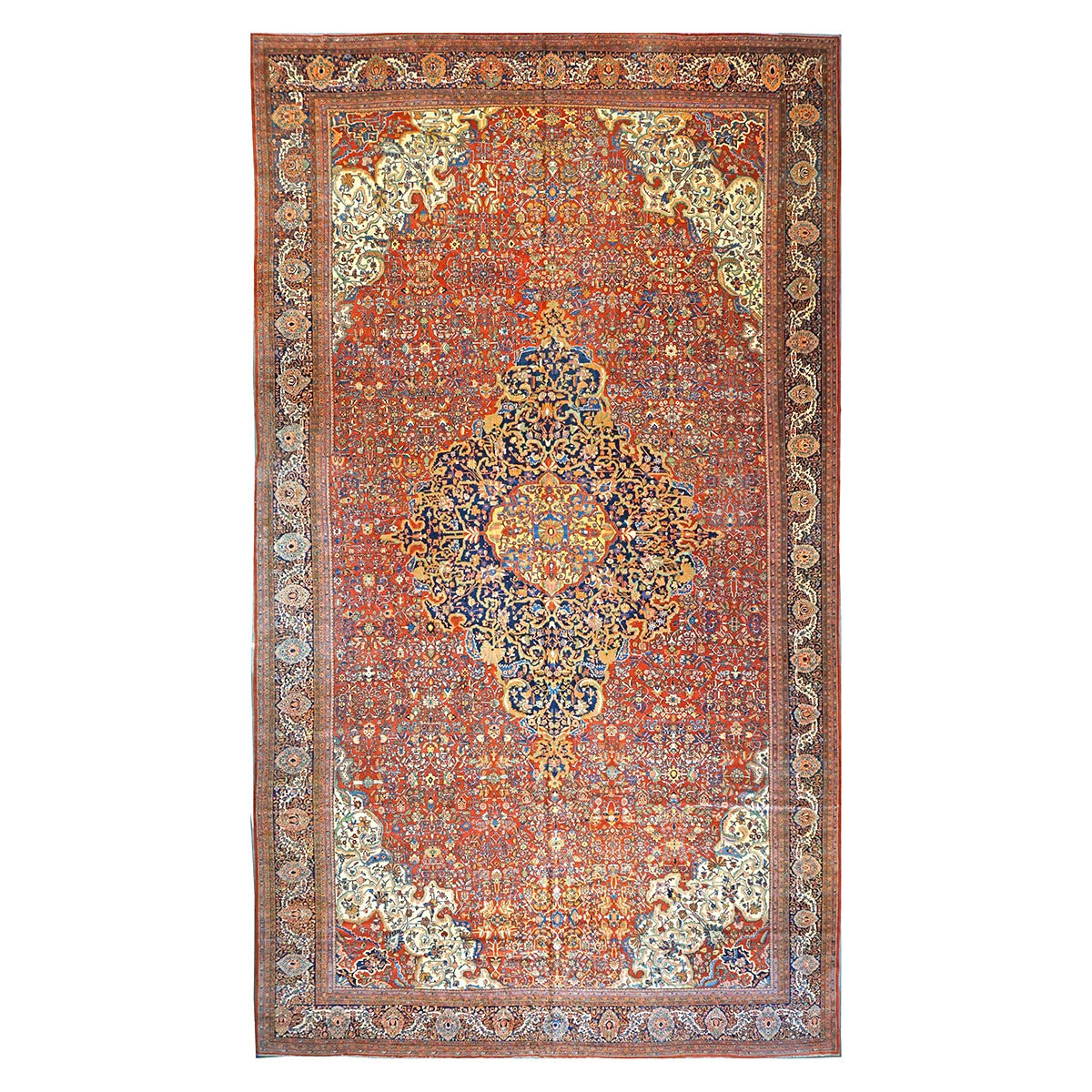 Antique Persian Farahan Wool 16X26 Rust, Ivory & Blue Handmade Oversized Area Rug #1143921