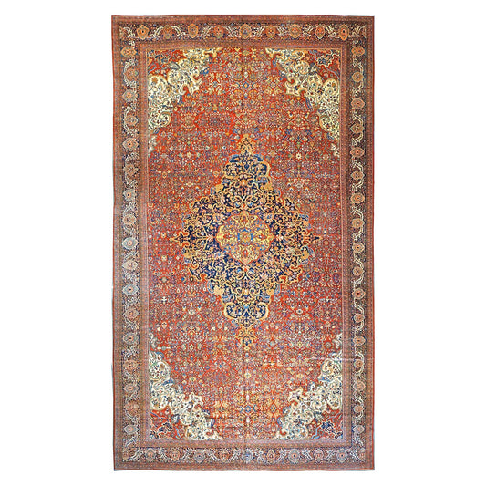 Antique Persian Farahan Wool 16X26 Rust, Ivory & Blue Handmade Oversized Area Rug #1143921