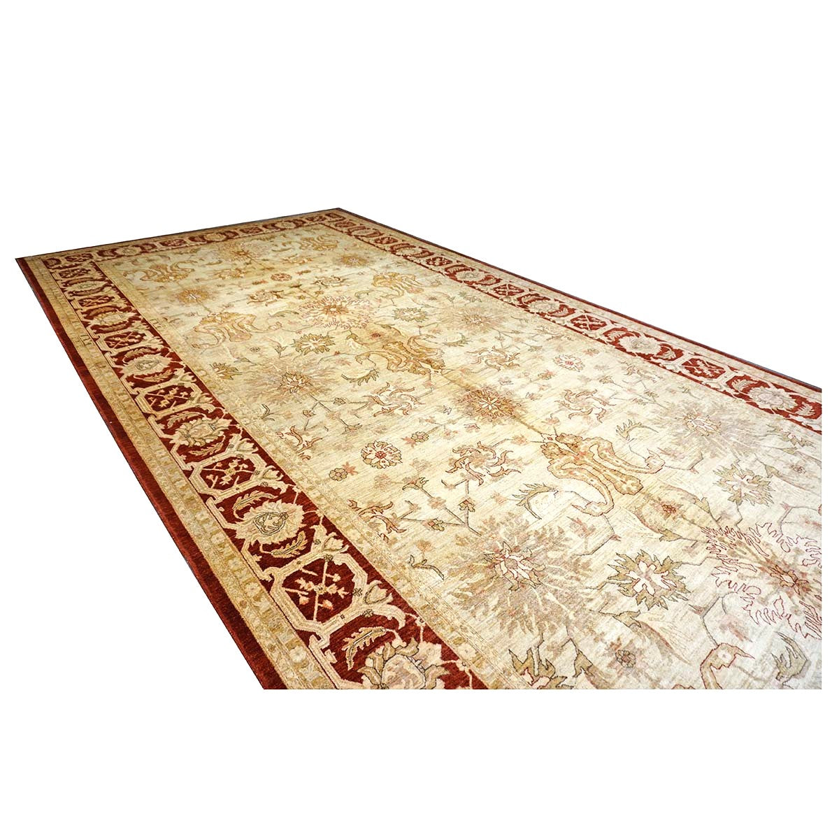 Vintage Afghan Sultanabad Wool 11x23 Ivory, Tan & Red Handmade Gallery Rug #1143949