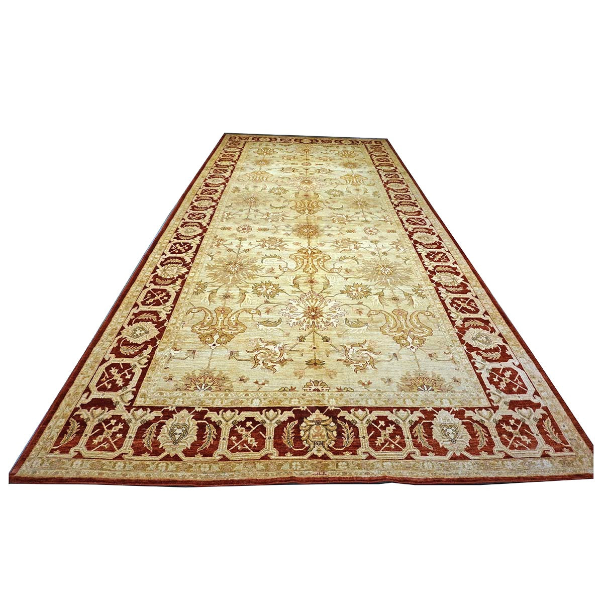 Vintage Afghan Sultanabad Wool 11x23 Ivory, Tan & Red Handmade Gallery Rug #1143949