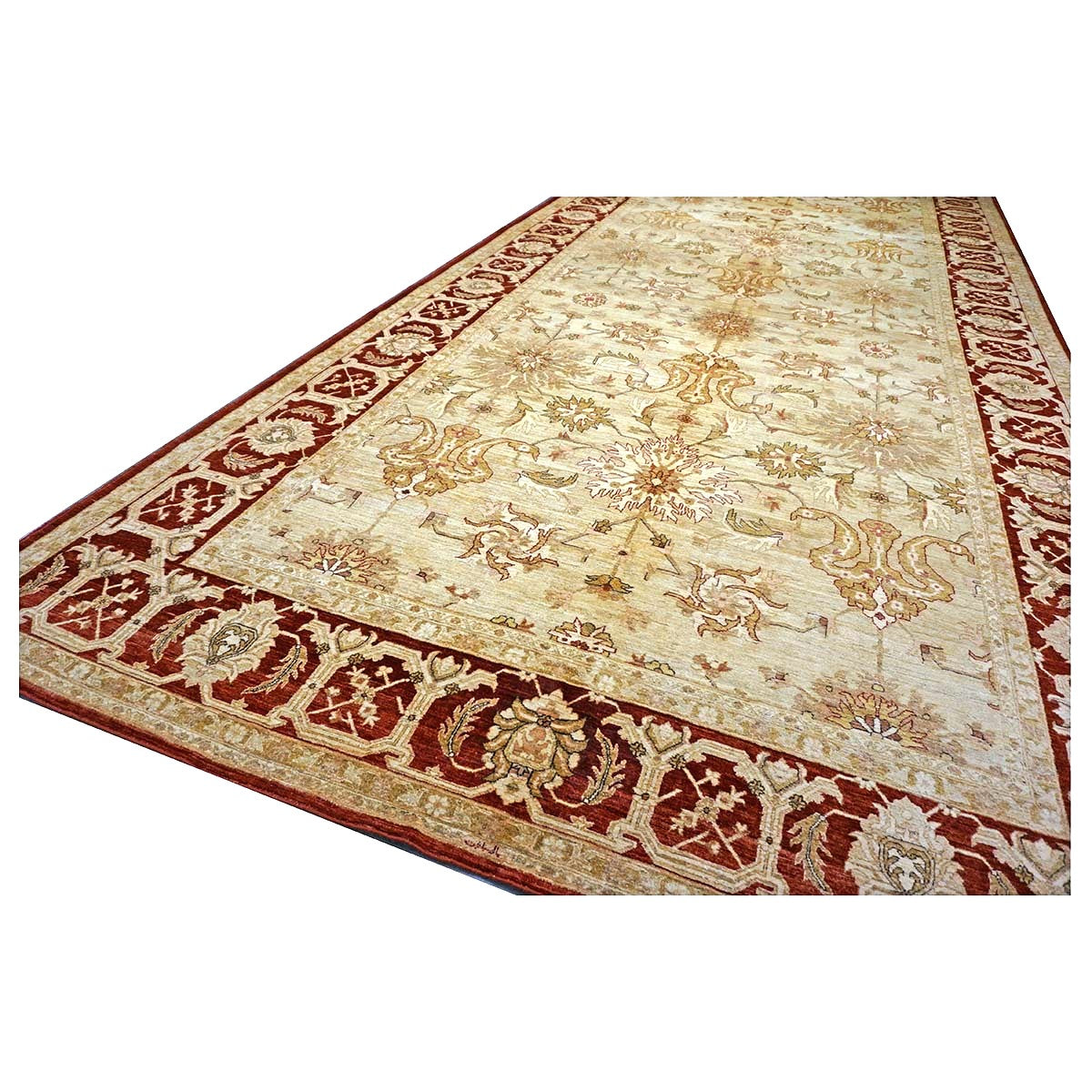 Vintage Afghan Sultanabad Wool 11x23 Ivory, Tan & Red Handmade Gallery Rug #1143949