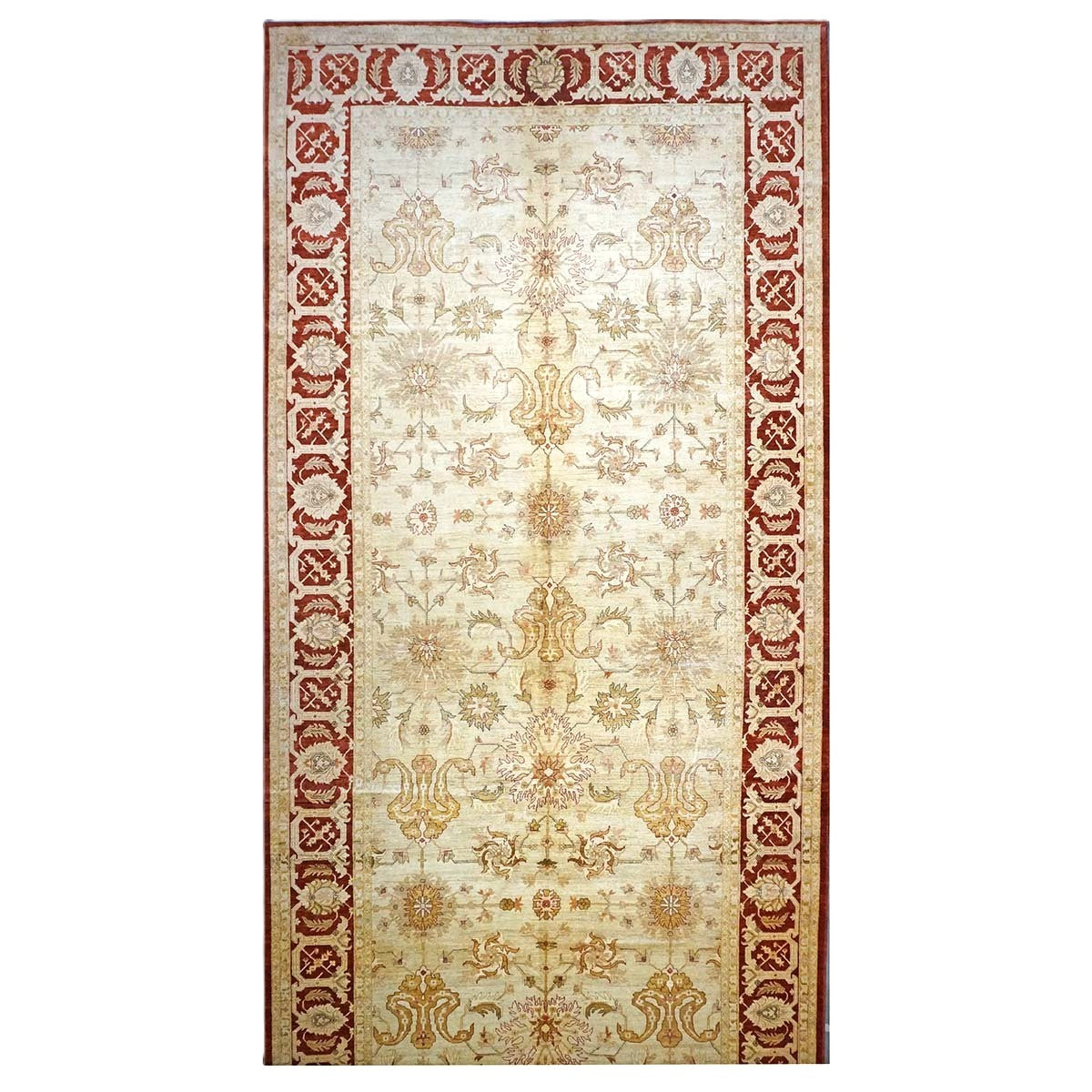 Vintage Afghan Sultanabad Wool 11x23 Ivory, Tan & Red Handmade Gallery Rug #1143949
